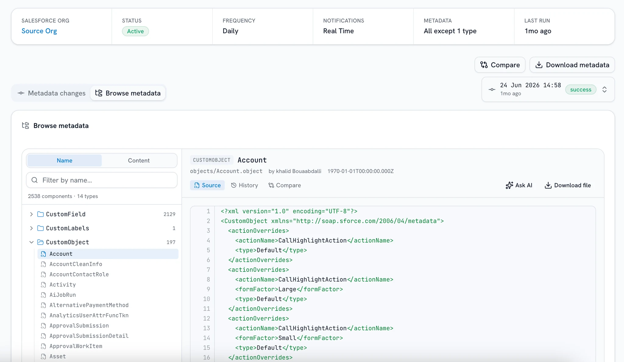 A change tracker build: the captured metadata the assistant answers from